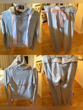 NWT Bebe Gray Rhinestone Bow Zip Hoodie Jogger Sweatpants Lounge Set L M